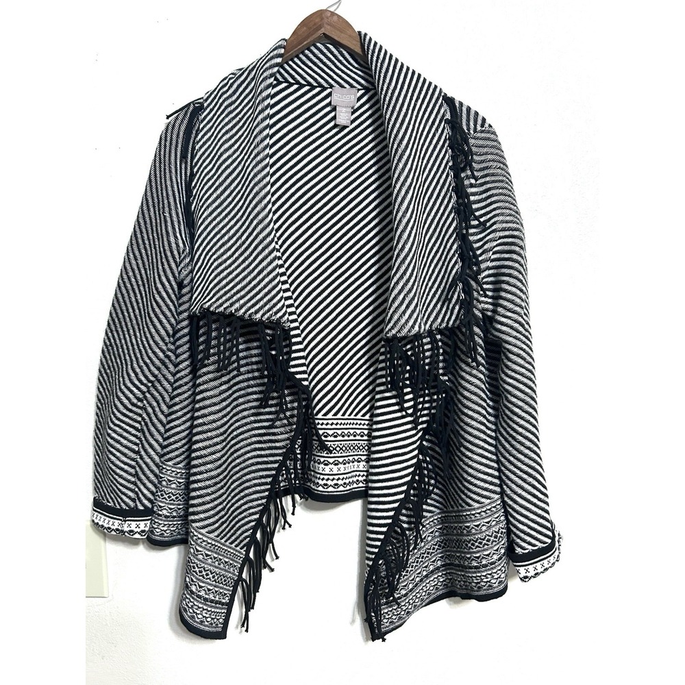 Chicos Women's Black White Striped Long Sleeve Cardigan L Wrap Fringe Western